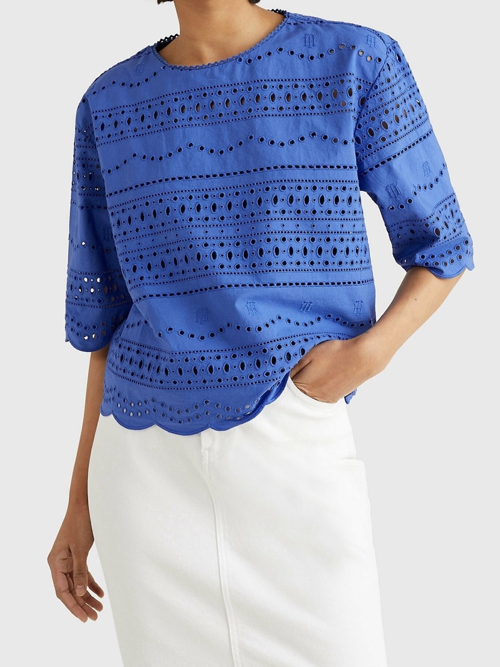 Tommy Hilfiger Cobalt Eyelet Scallop Hem Blouse XXL